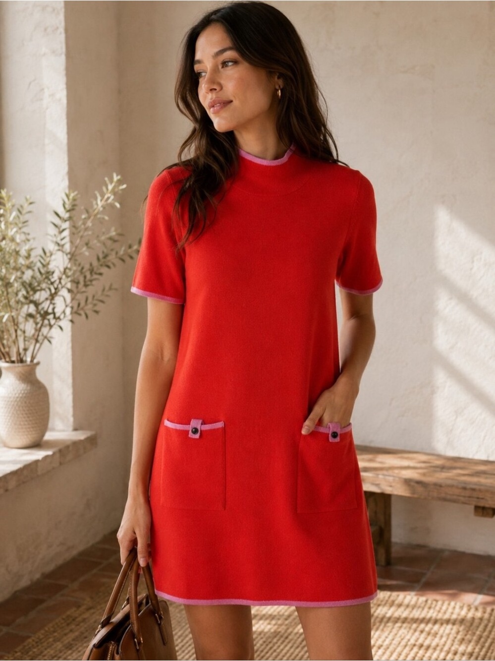 Anthropologie Annalise Mock Neck Mini Sweater Dress in bright red